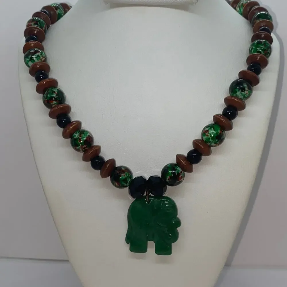 Handmade Bead Black Brown Green Elephant Necklace